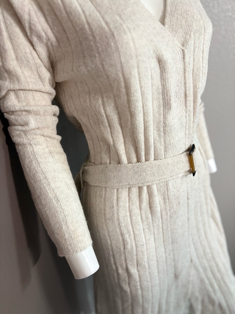 Kendall & Kylie Cream Ribbed V-Neck Belted Midi Dress — image 4 of 8